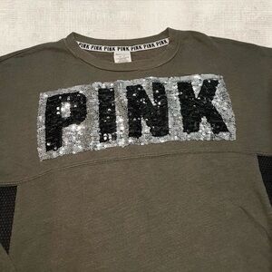 Y2K Victoria's Secret Olive Long Sleeve Crew Neck with Silver Sequins Logo
